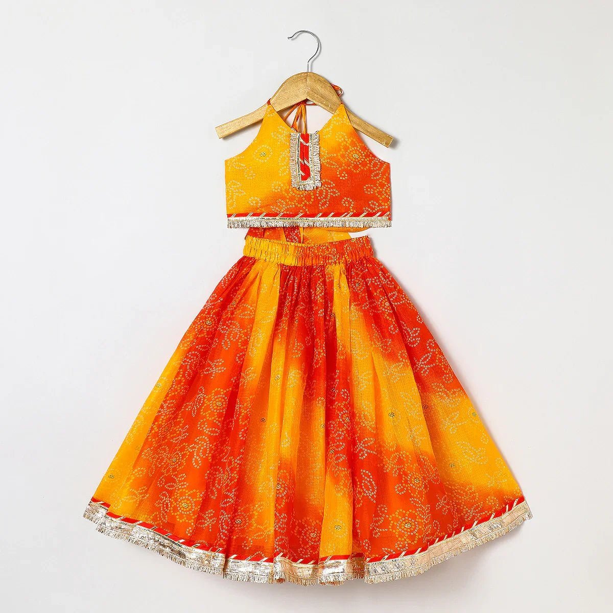 Girls kota doria lehenga set with gota embellished strappy top & skirt byb premium