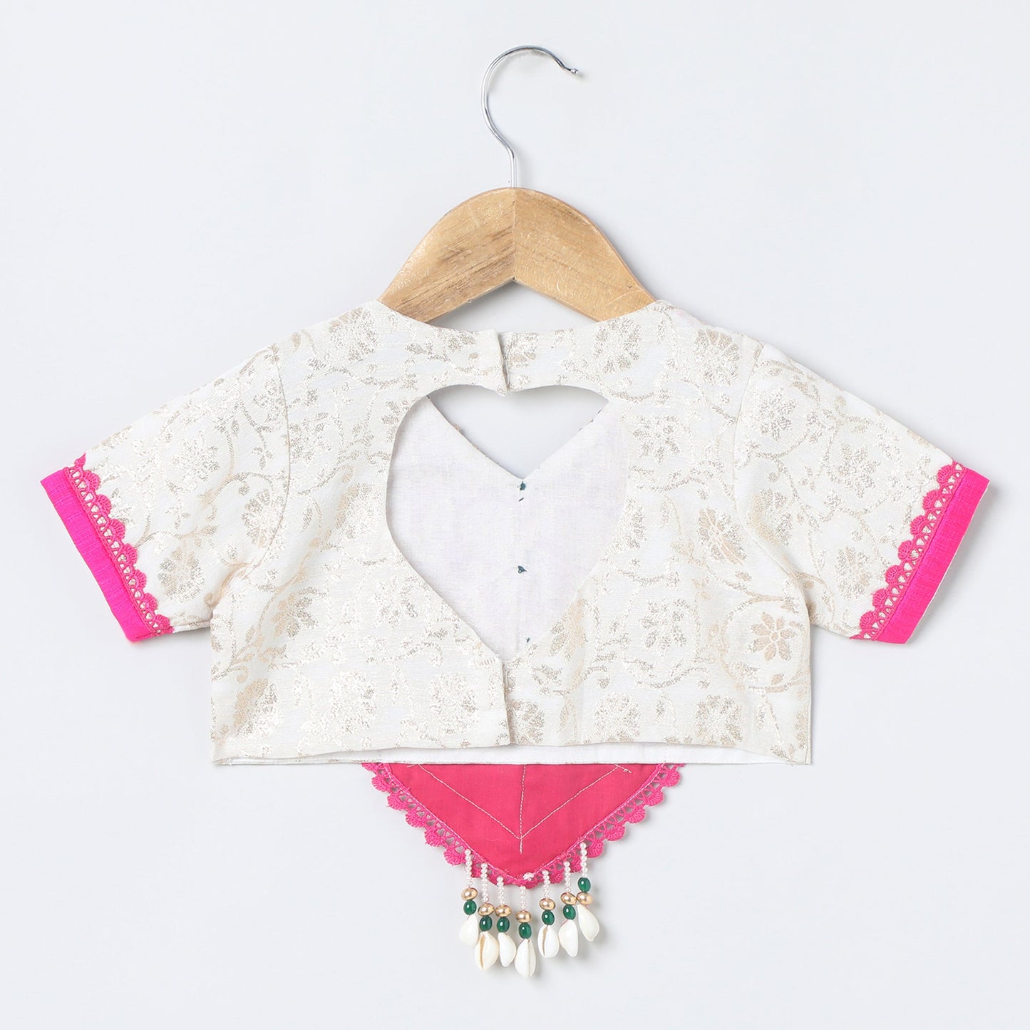 Girls Off‑White Chanderi Lehenga Set with Brocade Top, Lace & Bead Dupatta - BYB PREMIUM