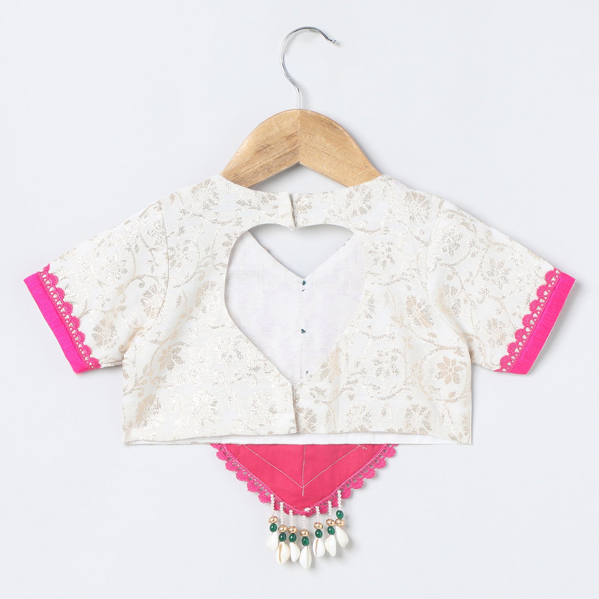 Girls Off‑White Chanderi Lehenga Set with Brocade Top, Lace & Bead Dupatta - BYB PREMIUM