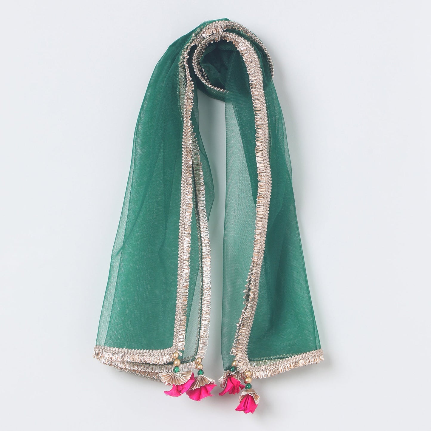 Girls Off‑White Chanderi Lehenga Set with Brocade Top, Lace & Bead Dupatta - BYB PREMIUM