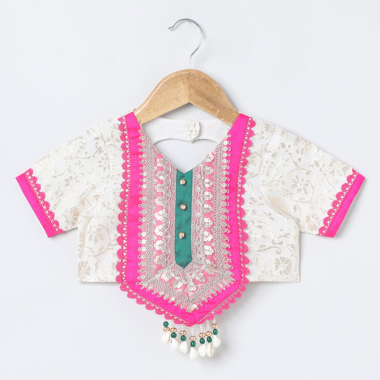 Girls Off‑White Chanderi Lehenga Set with Brocade Top, Lace & Bead Dupatta - BYB PREMIUM