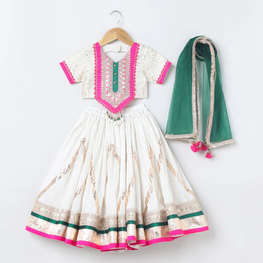 Girls Off‑White Chanderi Lehenga Set with Brocade Top, Lace & Bead Dupatta - BYB PREMIUM