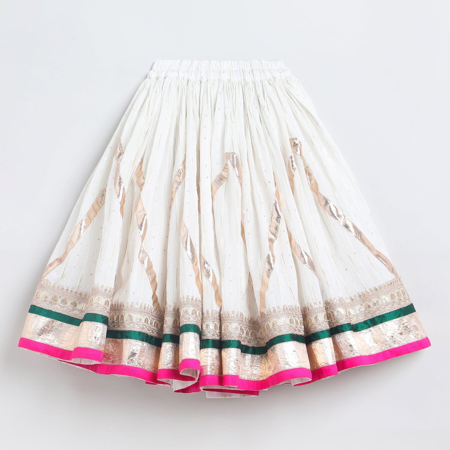 Girls Off‑White Chanderi Lehenga Set with Brocade Top, Lace & Bead Dupatta - BYB PREMIUM