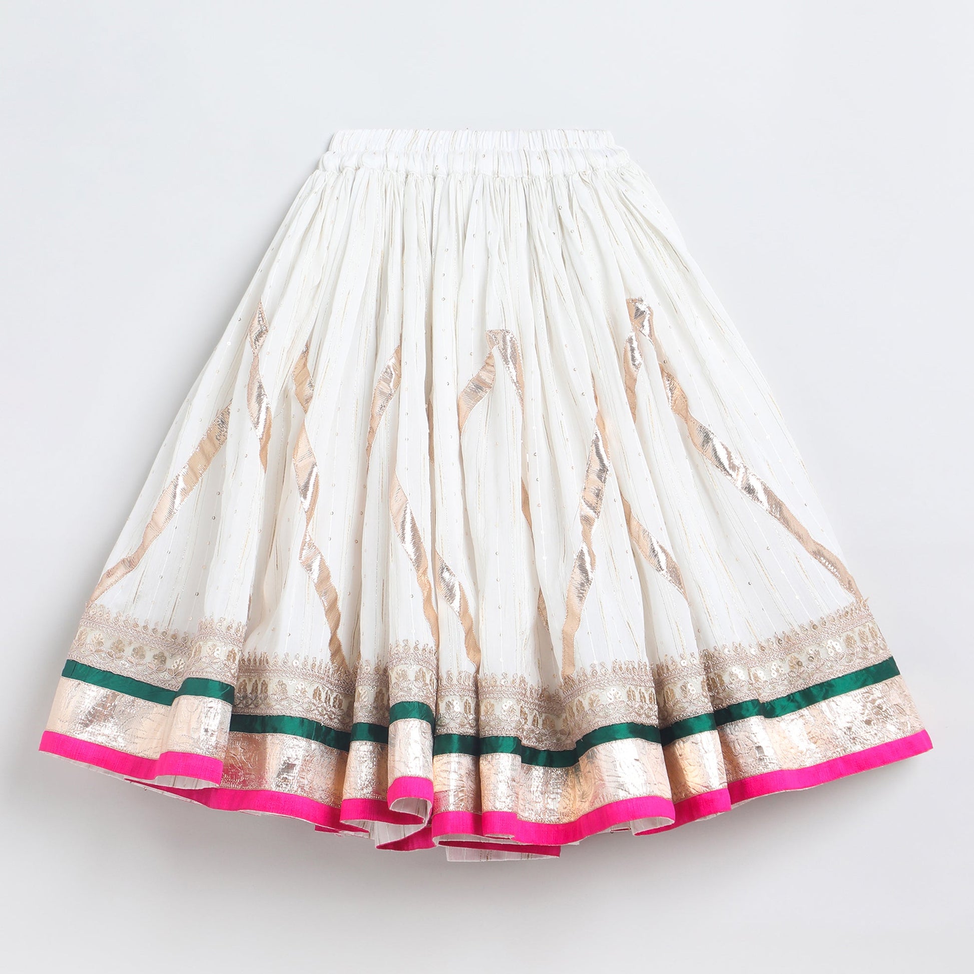Girls Off‑White Chanderi Lehenga Set with Brocade Top, Lace & Bead Dupatta - BYB PREMIUM