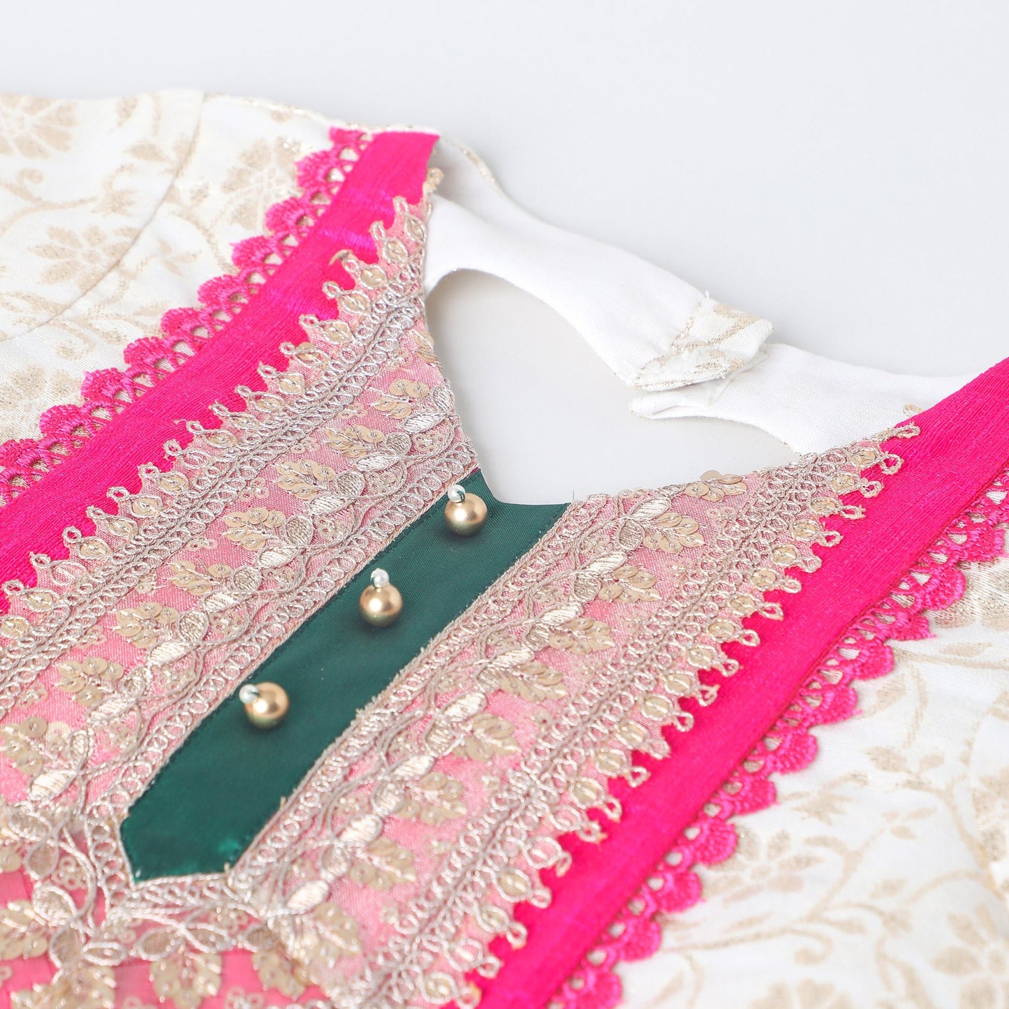 Girls Off‑White Chanderi Lehenga Set with Brocade Top, Lace & Bead Dupatta - BYB PREMIUM