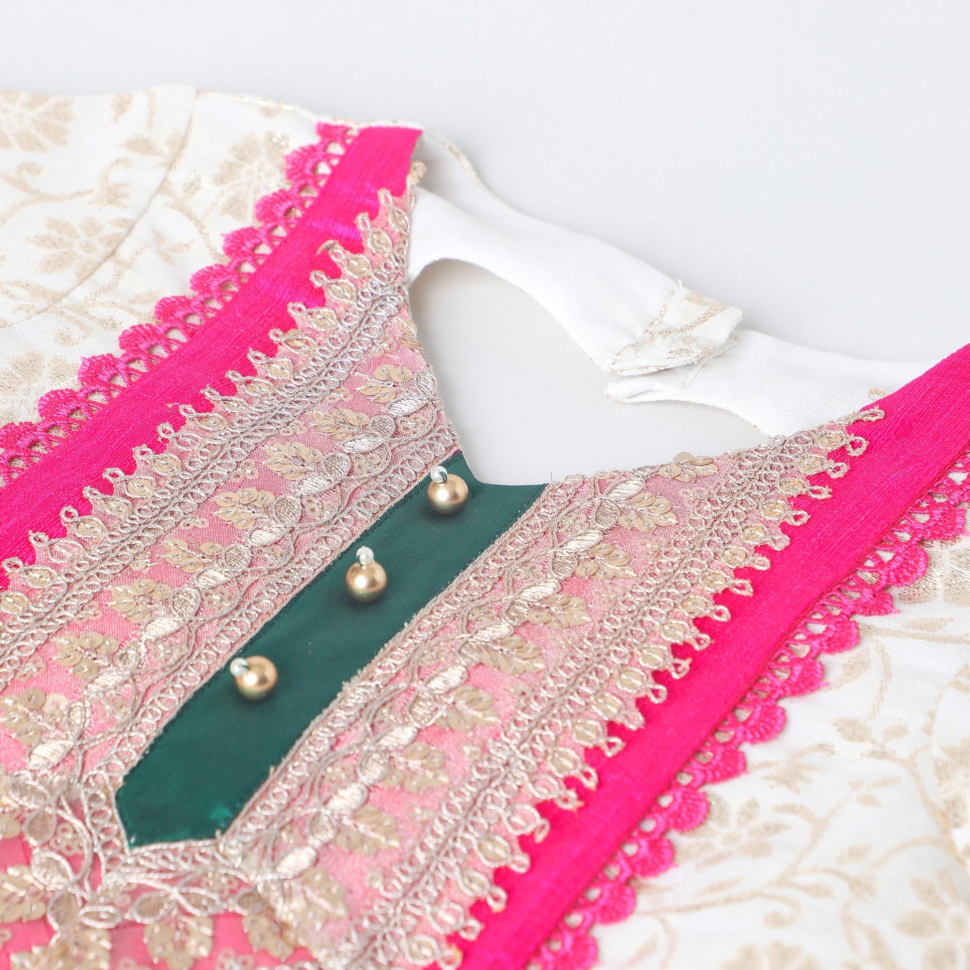 Girls Off‑White Chanderi Lehenga Set with Brocade Top, Lace & Bead Dupatta - BYB PREMIUM