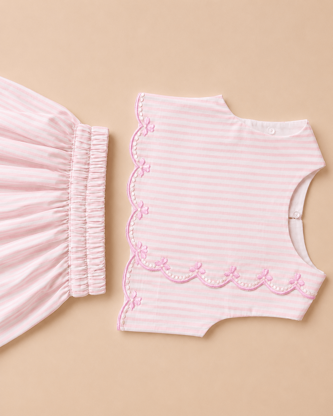 Girls pure cotton pink striped co ord set with scalloped embroidery byb premium