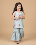 Load image into Gallery viewer, Girls Sky Blue Chanderi Kurta Set with Floral Embroidery & Sharara - BYB PREMIUM