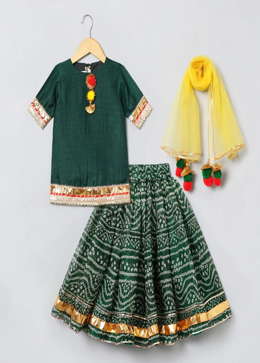 Green Bandhani Silk Lehenga Kurti Set - BYB PREMIUM
