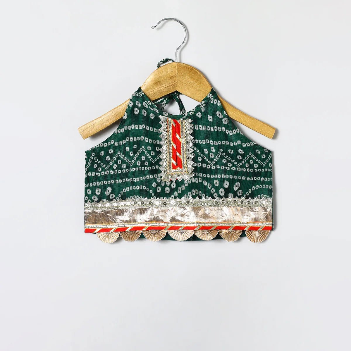 Green cotton kota halter top & bandhani skirt set for baby girls byb premium