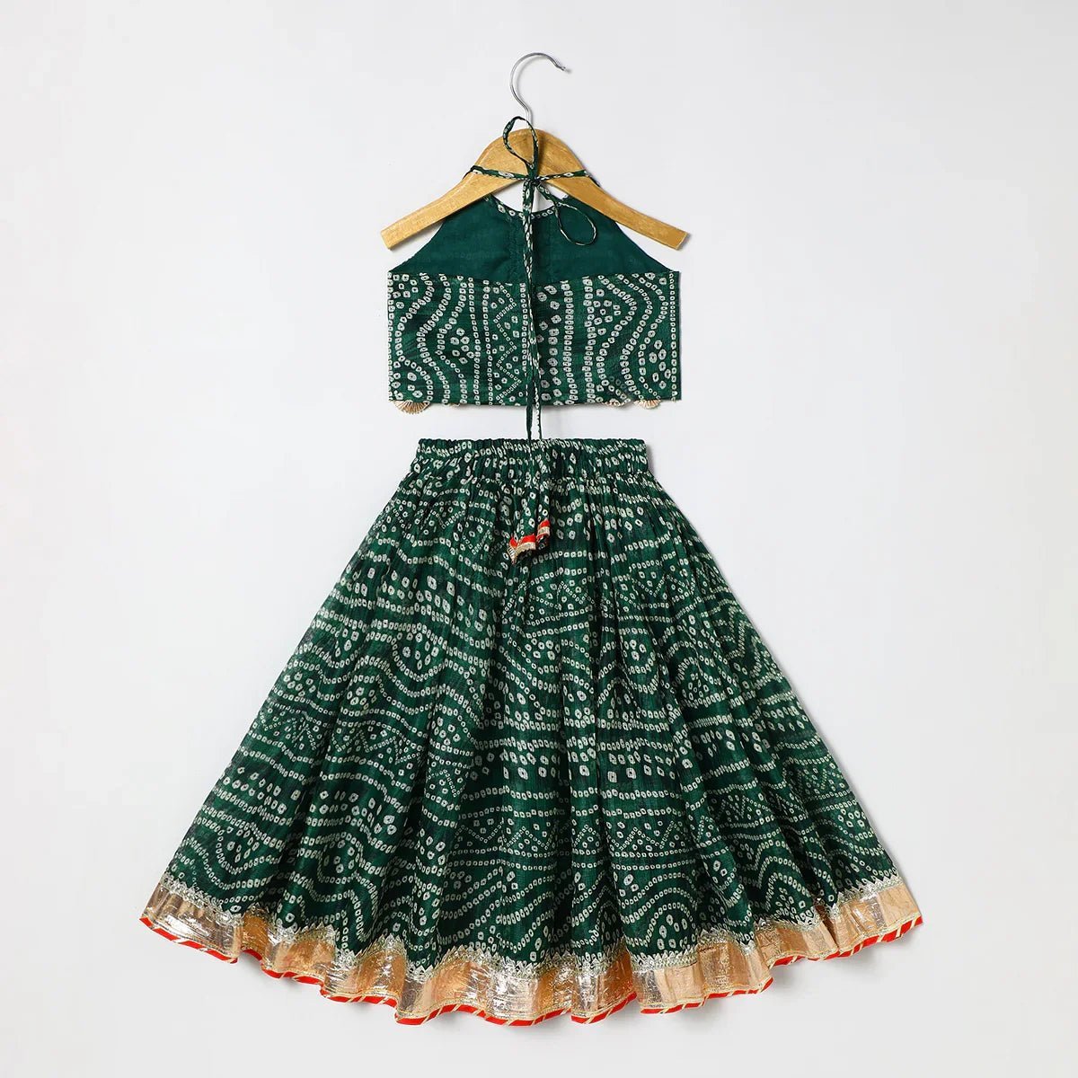 Green cotton kota halter top & bandhani skirt set for baby girls byb premium