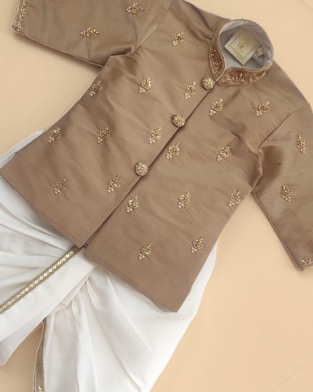 Pure silk kurta & viscose chanderi dhoti set for babies with zardozi embroidery