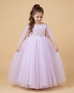 Load image into Gallery viewer, Lavender Tulle Girls Party Gown with Metallic Embroidery & Detachable Sleeves - BYB PREMIUM