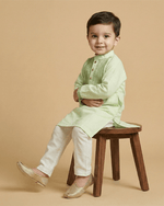 Load image into Gallery viewer, Light Green Chanderi Silk Kurta & Off-White Cotton Pyjama Set for Boys - BYB PREMIUM