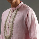 Load image into Gallery viewer, Light Pink Linen Kurta Pyjama Set with Hand Embroidery - BYB PREMIUM