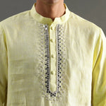 Load image into Gallery viewer, Lime Yellow Linen Kurta Pyjama Set for Men - BYB PREMIUM