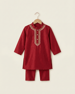 Load image into Gallery viewer, Maroon Dola Silk Kurta Pyjama Set for Boys with Thread & Mirror Work - BYB PREMIUM