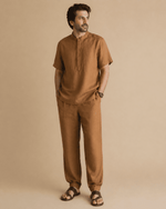 Load image into Gallery viewer, Men’s Rust Brown Linen Co-ord Set – Short Kurta Top & Jogger Pants - BYB PREMIUM