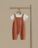 Load image into Gallery viewer, Mocha Rust Linen Dungaree Set for Babies with Embroidered Detail - BYB PREMIUM