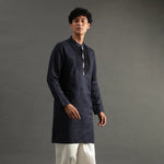 Load image into Gallery viewer, Navy Pintuck Linen Kurta Pyjama Set for Men - BYB PREMIUM