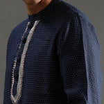 Load image into Gallery viewer, Navy Polka Dot Linen Kurta Pyjama Set for Men - BYB PREMIUM