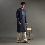Load image into Gallery viewer, Navy Polka Dot Linen Kurta Pyjama Set for Men - BYB PREMIUM
