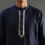 Load image into Gallery viewer, Navy Polka Dot Linen Kurta Pyjama Set for Men - BYB PREMIUM