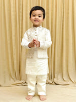 Load image into Gallery viewer, Off - White Kurta Pyjama with Brocade Bandi for Boys - BYB PREMIUM