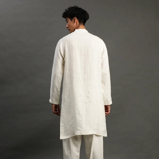 Off - White Linen Kurta Pyjama Set for Men - BYB PREMIUM