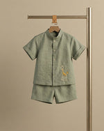 Load image into Gallery viewer, Olive Green Pure Linen Embroidered Coord Set for Boys - BYB PREMIUM
