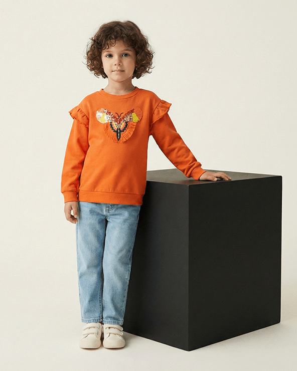 Orange Butterfly Embroidered Sweatshirt for Kids - BYB PREMIUM