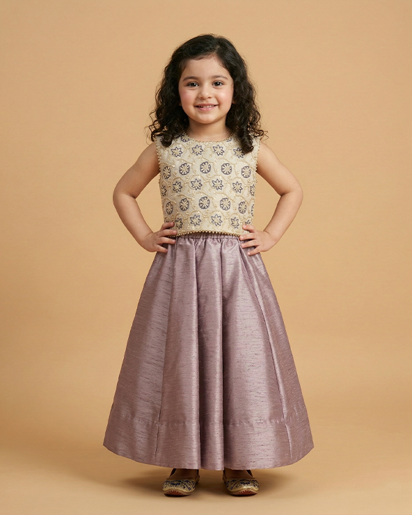Lavender raw dupion silk girls dress with chanderi top & pearl embroidery