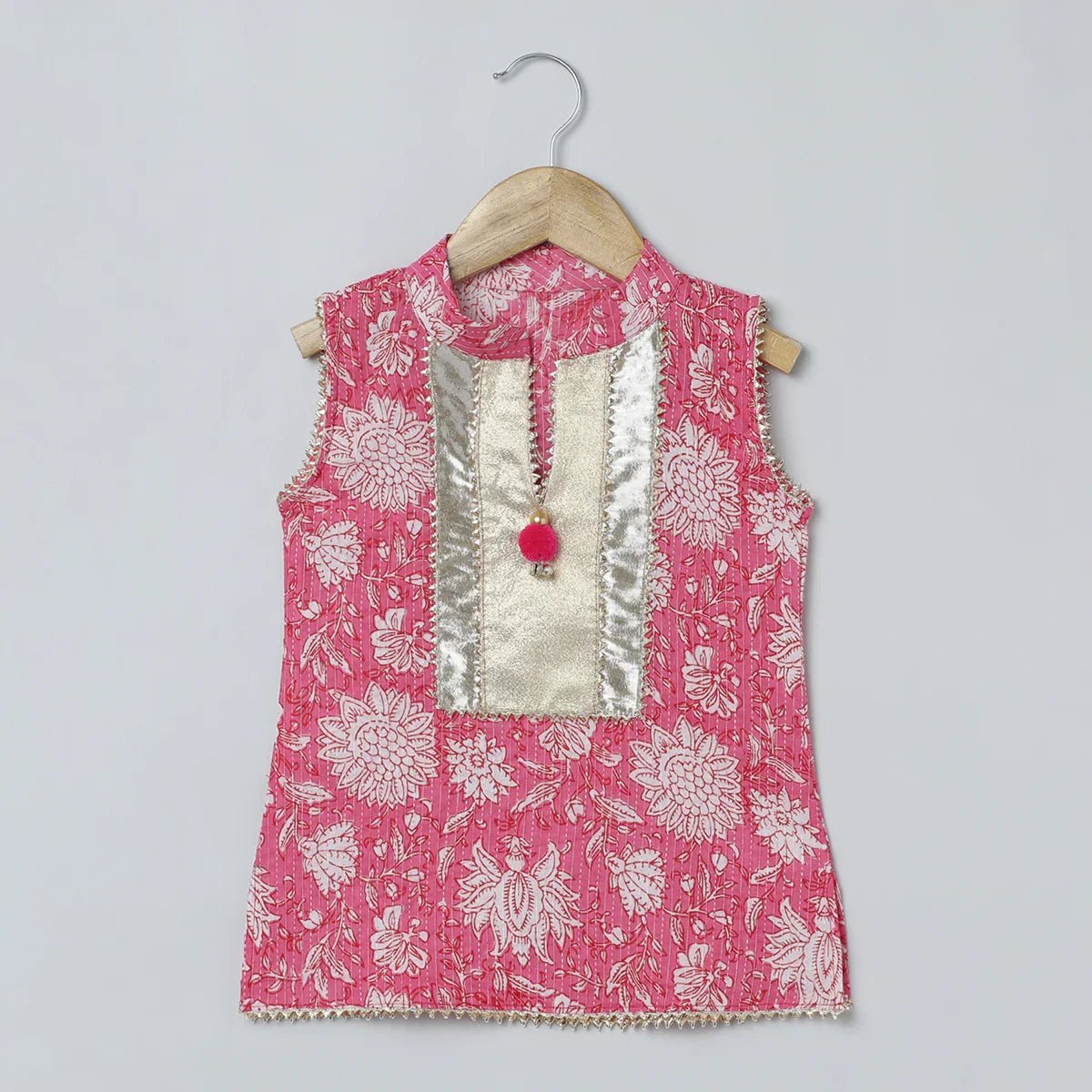 Pink & White Katha Stitch Kurti Dhoti Set for Girls - BYB PREMIUM
