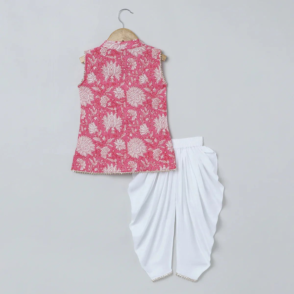 Pink & White Katha Stitch Kurti Dhoti Set for Girls - BYB PREMIUM