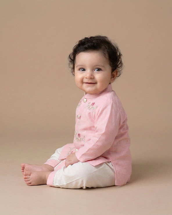 Pink pure cotton baby kurta set with elegant gota work