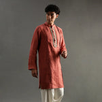 Load image into Gallery viewer, Rust Linen Kurta Pyjama Set with Hand Embroidery - BYB PREMIUM