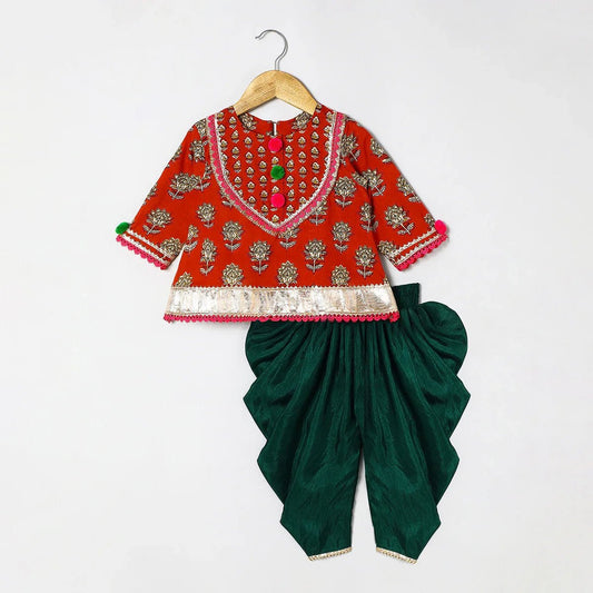 Rust Printed Lace Embellished Kurta and Green Dhoti Set - BYB PREMIUM