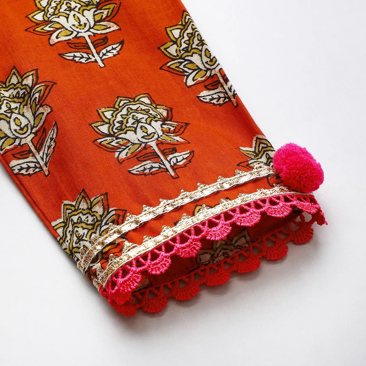 Rust printed lace embellished kurta and green dhoti set byb premium