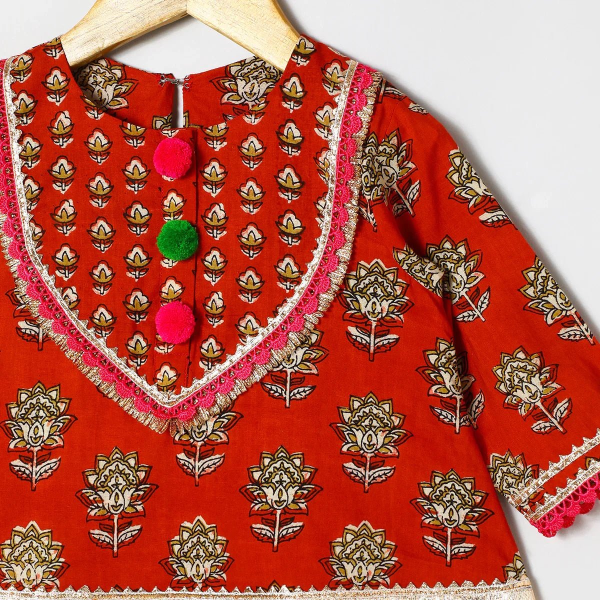 Rust printed lace embellished kurta and green dhoti set byb premium