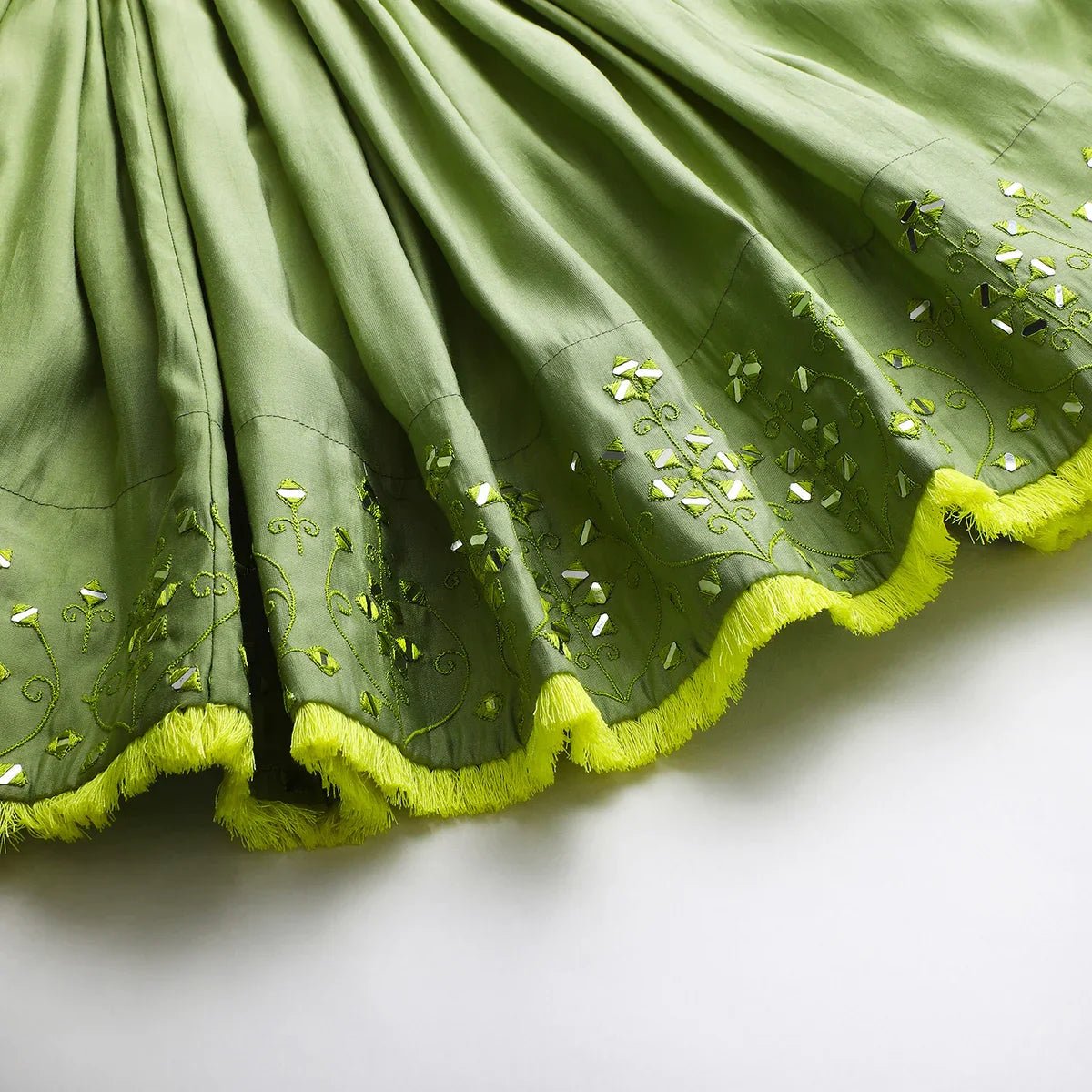 Sage green Chanderi mirror work top skirt and Dupatta - BYB PREMIUM
