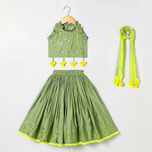 Sage green Chanderi mirror work top skirt and Dupatta - BYB PREMIUM