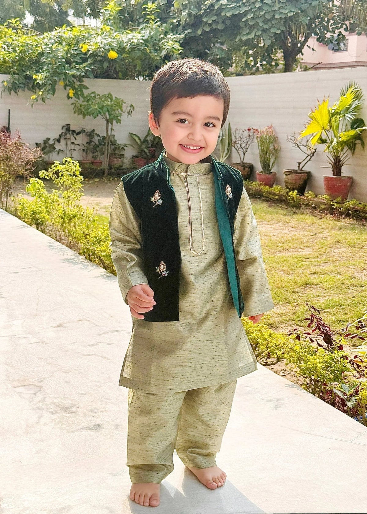 Sage raw silk kurta with velvet bandi & pyjama set byb premium