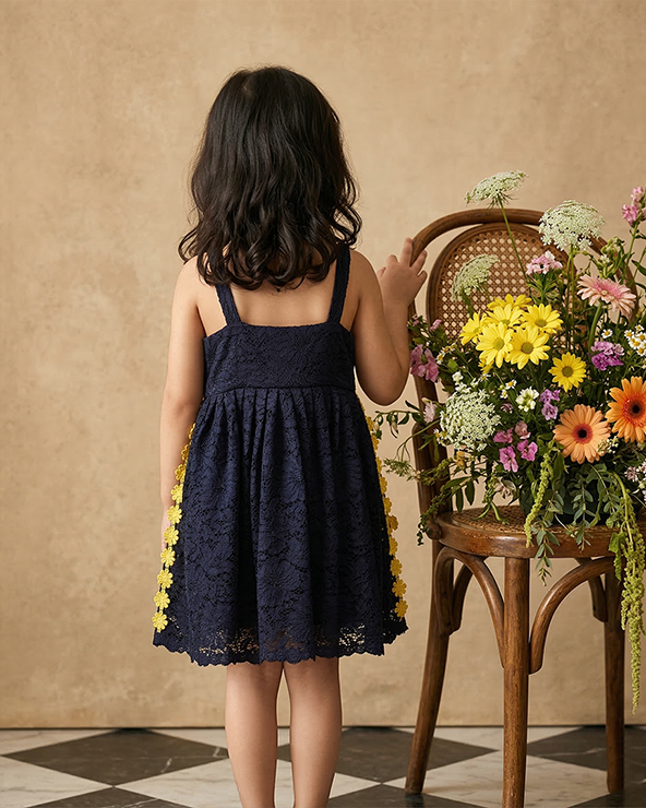 Navy blue lace girls dress with floral embroidery & satin lining