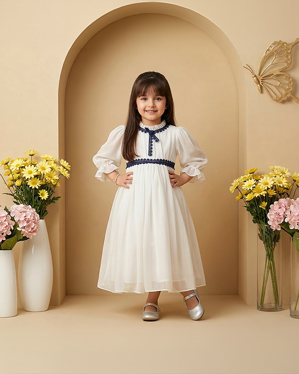 White georgette girls midi dress with puff sleeves & crepe lining