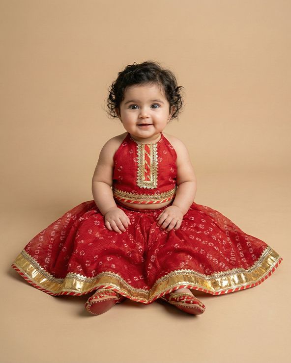 Traditional Red Cotton Kota Halter Top & Bandhani Skirt Set for Baby Girls - BYB PREMIUM