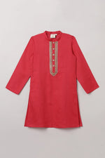 Load image into Gallery viewer, Traditional Wedding Red Linen Kurta & Cotton Pajama Set for Boys - BYB PREMIUM