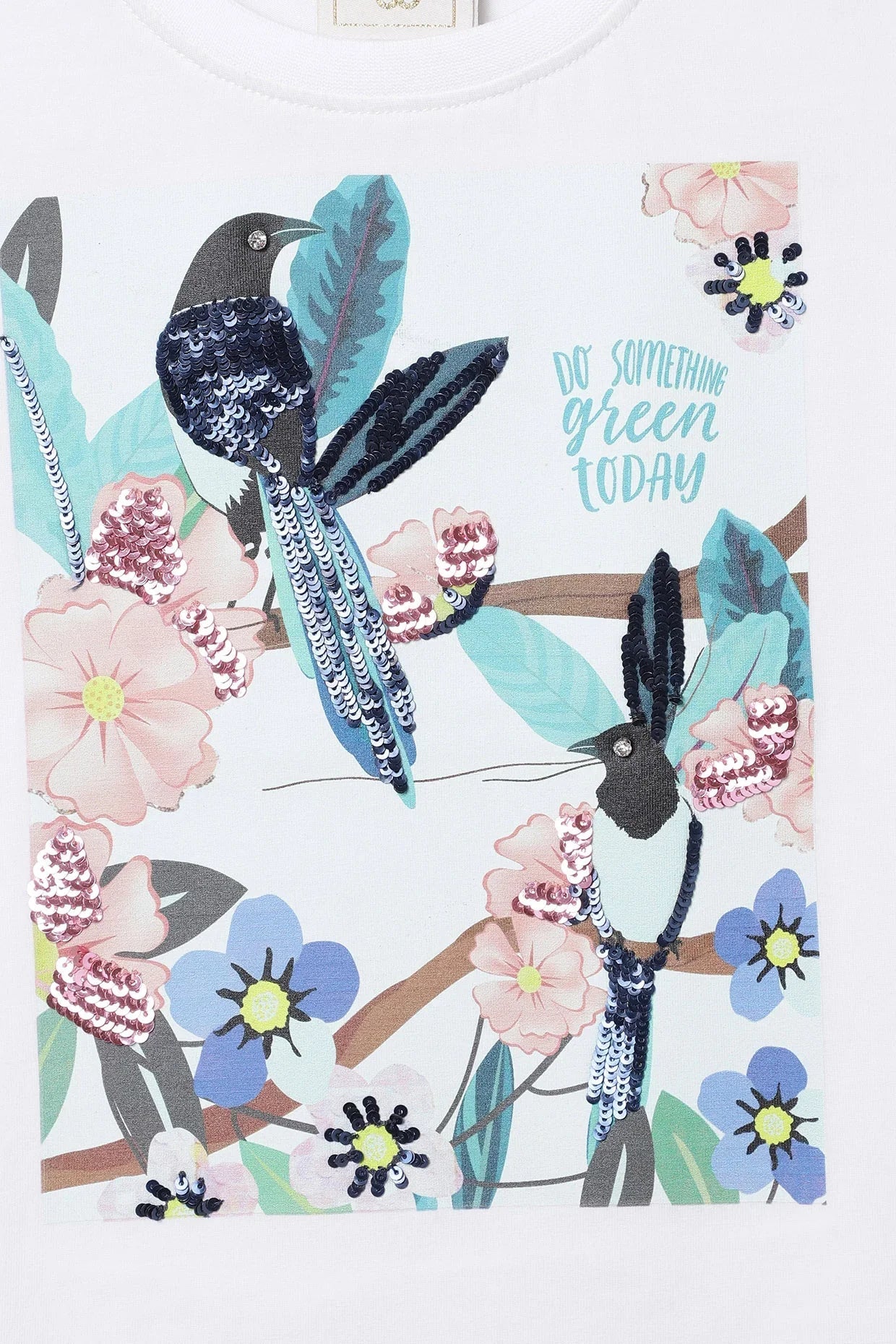 White Bird & Flower Printed T-Shirt with Sequin Detail - BYB PREMIUM