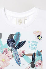 Load image into Gallery viewer, White Bird & Flower Printed T-Shirt with Sequin Detail - BYB PREMIUM