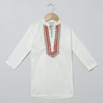 Load image into Gallery viewer, White Cotton Kurta Pyjama Set with Red Heart Embroidered Jacket for Boys - BYB PREMIUM