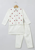 Load image into Gallery viewer, White Cotton Kurta Pyjama Set with Red Heart Embroidered Jacket for Boys - BYB PREMIUM